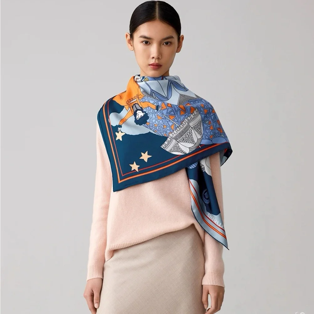 Flying Print 100% Silk Scarf Aviation Design – 135cm